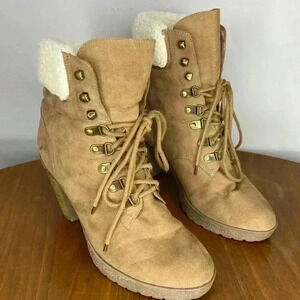 Brash Women's Boots Booties Size 9 Lace-Up Style Faux Suede Tan Block Heels